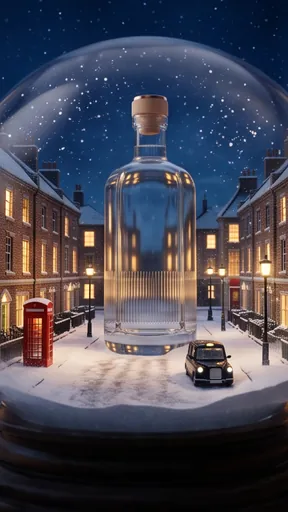 2: Inside the globe, the gin bottle stands in a snowy London street