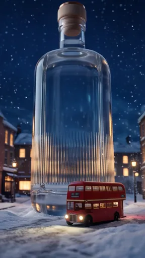 4: A red bus drives past the bottle