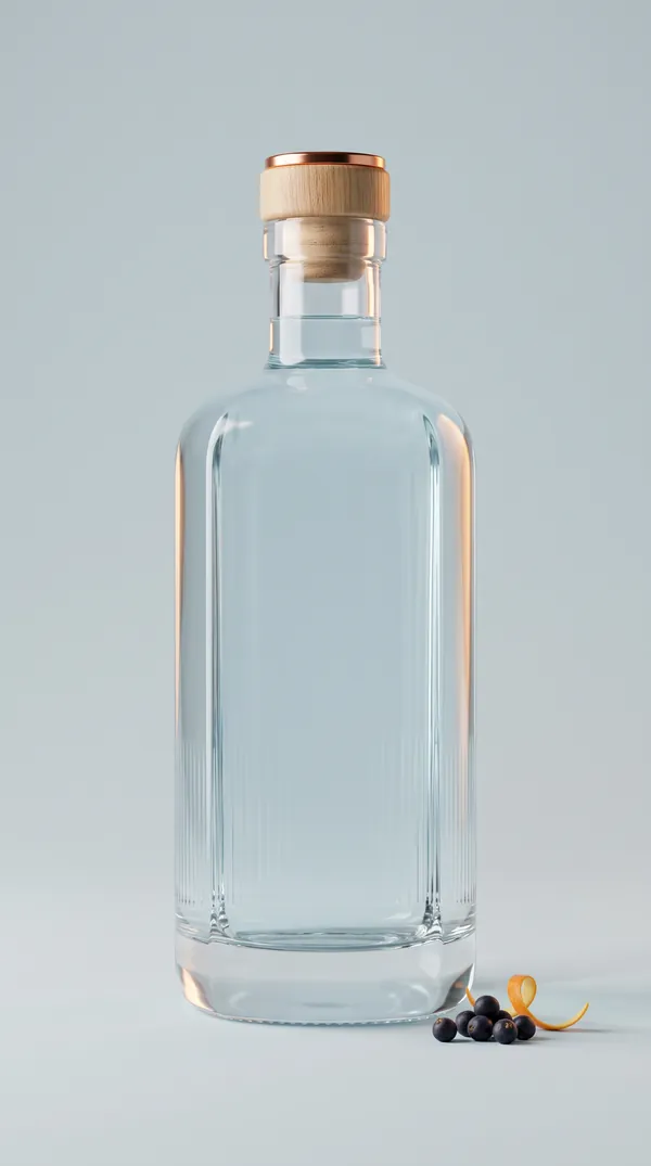 The start picture: a clear gin bottle with a wooden cork on a pale background